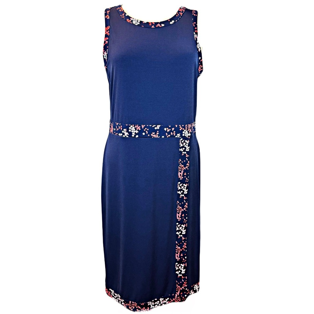 MICHAEL Michael Kors Border Print Faux Wrap Sheath Midi Dress Navy Blue Sz L